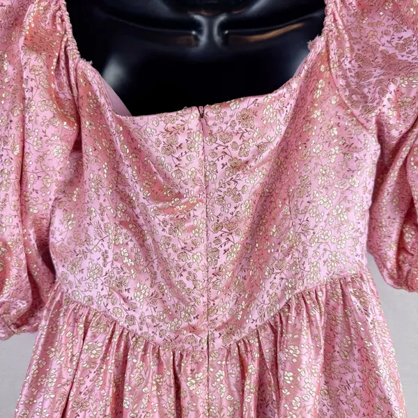 SAU LEE Arabella Mini Dress in Candy Pink Jacquard Floral Bow Puff Sleeve US 8 - Image 7