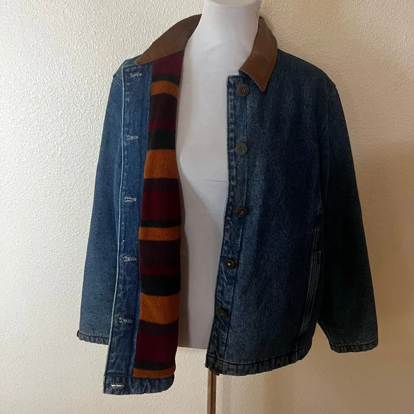 Woolrich Vintage 90s Blue Demin Chore Barn Jacket Fleece Lined WOMENS XL - Image 3