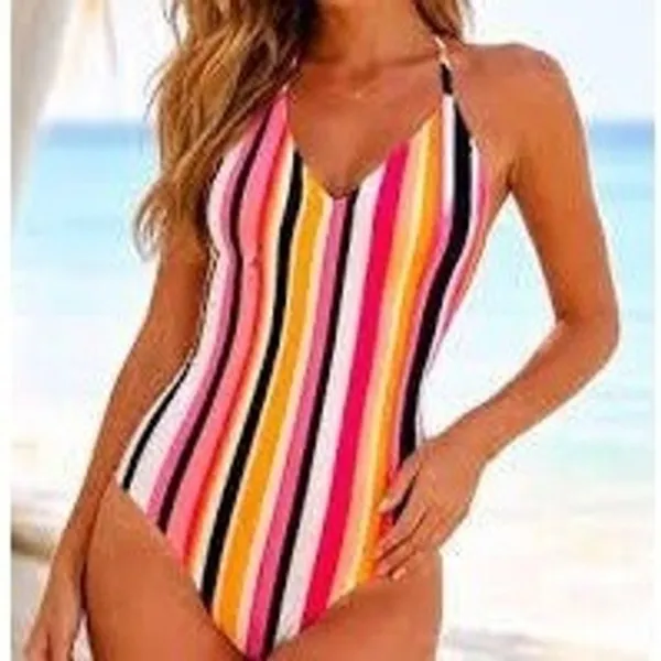 Aerie‎ Women Striped One Piece Swimsuit Multi Color V-Neck Strappy Back Medium - Image 2