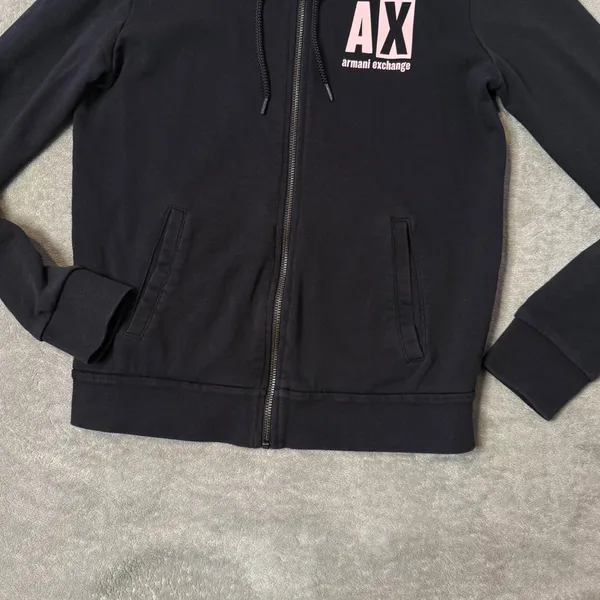 Armani Exchange Zip Up Hoodie Black Pink Logo‎ French Terry Sweatshirt Womens S - Image 7