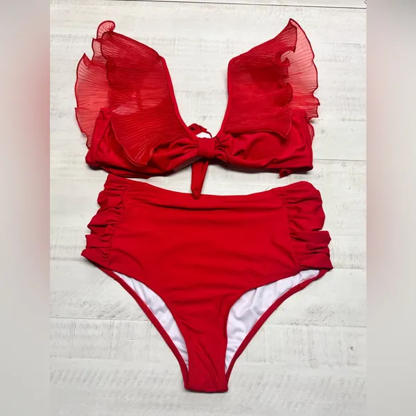 Women High Waisted Swimsuit Organza Ruffle Bikini Twist Front Bathing Suit - Image 2