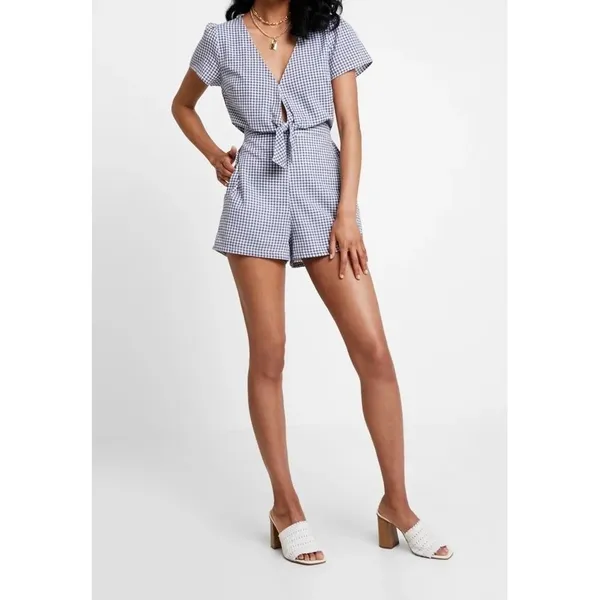 Abercrombie & Fitch Navy White Gingham Tie Front Cutout Romper XS Cotton - Image 4