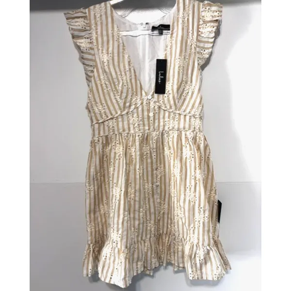 Lulus Sunny Crush NWT M Beige Ivory Striped Embroidered Ruffle Mini Dress Boho - Image 3