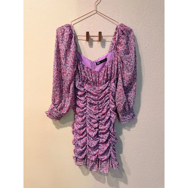 Zara‎ Mini Dress Womens Medium Purple Floral Ruched Puff Sleeve Ruffle Romantic - Image 5