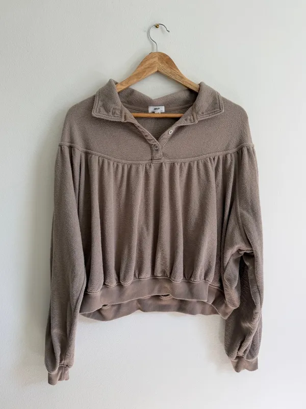 Aerie Terry Button Sweater Size Small Oversized Pullover Soft Life Brown Neutral - Image 2