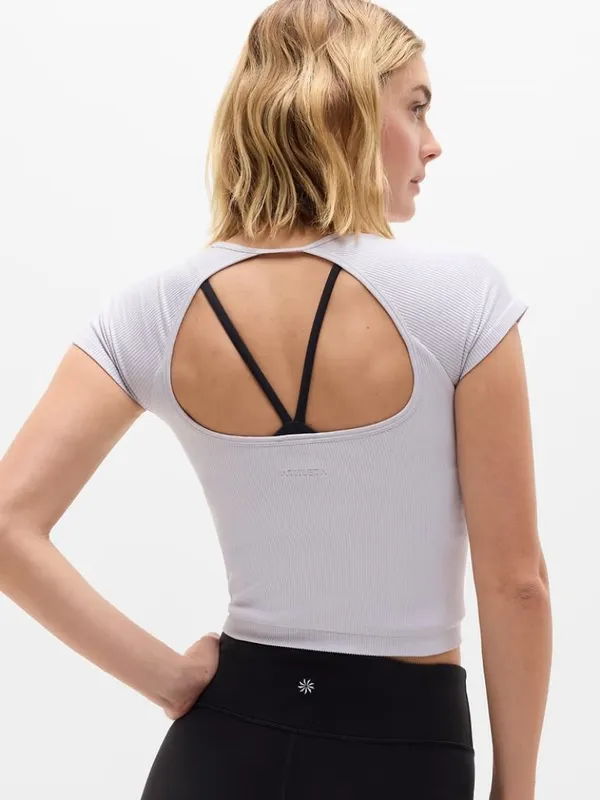 New Athleta S Recharge Seamless Open Back Tee Dove Rib Blue Grey Small - Image 2