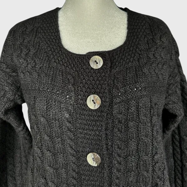 Aran Crafts 100% Merino Wool Cable‎ Knit Cardigan Black Button Up Cardigan Sz M - Image 3