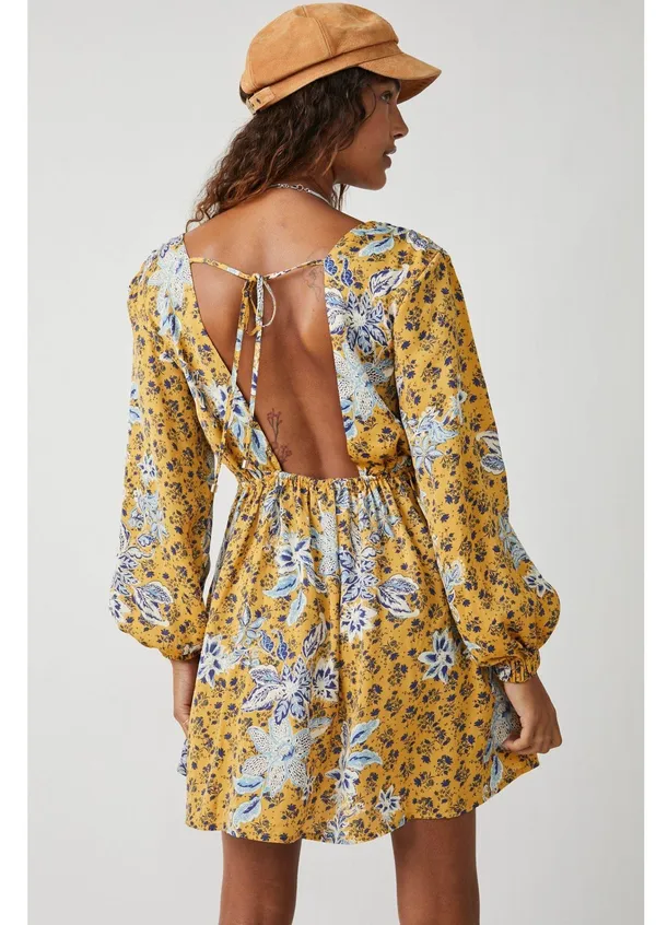 Free People NWT Soli Golden Hour Combo Yellow V-Neck Long Sleeve Mini Dress - Image 3