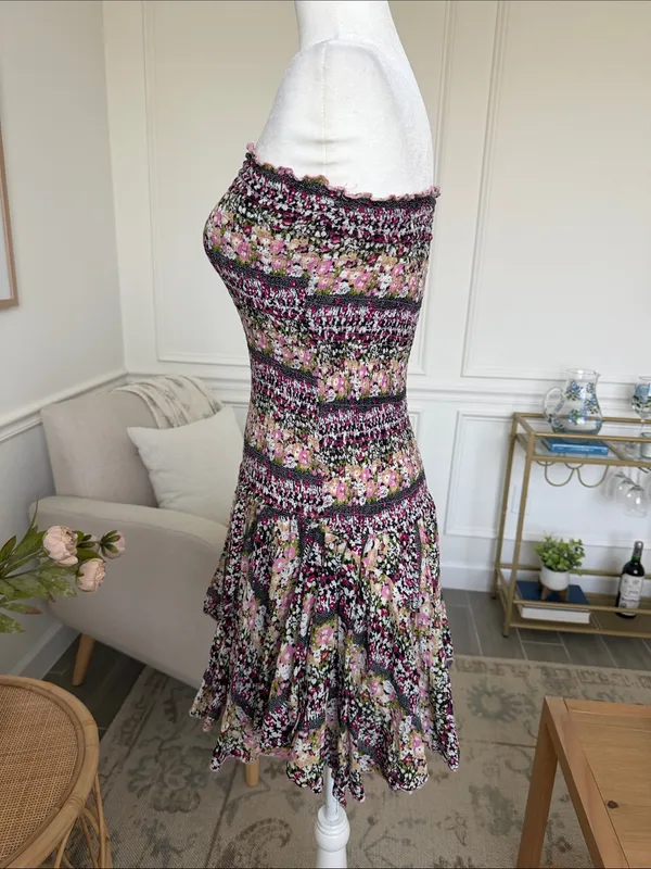 Boho Cottagecore Smocked Cotton Floral Y2K Handkerchief Hem Strapless Dress S - Image 5