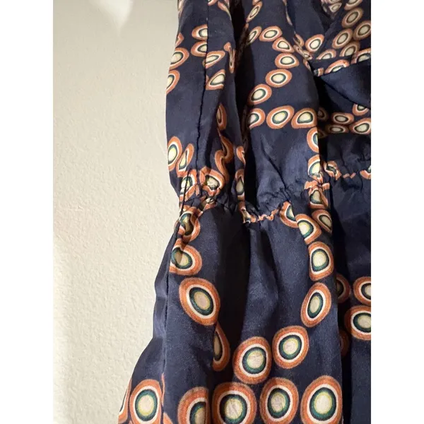 Anthropologie Lil Ruffle Front Tie Geometric Print Sleeveless Dress‎ Navy 6 Silk - Image 6