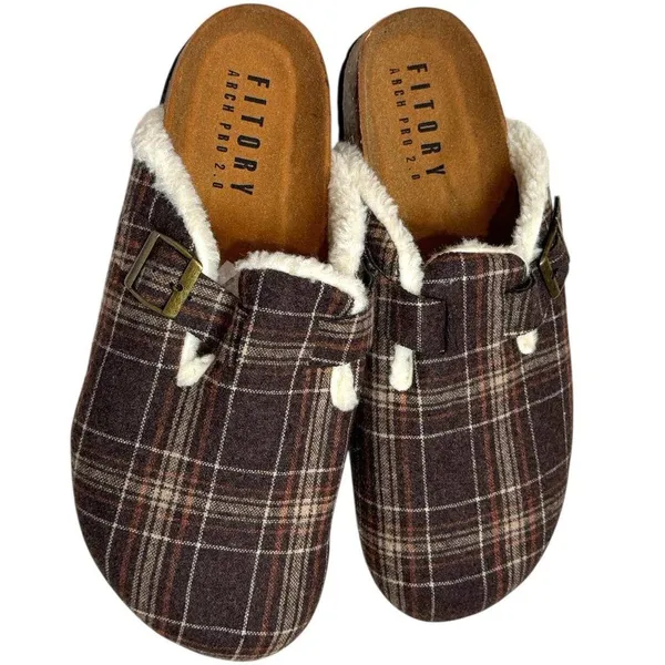 NWOT Fitory Plaid‎ Mule Slip Ons Cork Footbed Cozy Cabincore Holiday Women’s 12 - Image 8