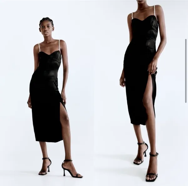 ZARA NWT Black SATIN EFFECT DRESS WITH PEARL EFFECT STRAPS - Image 6