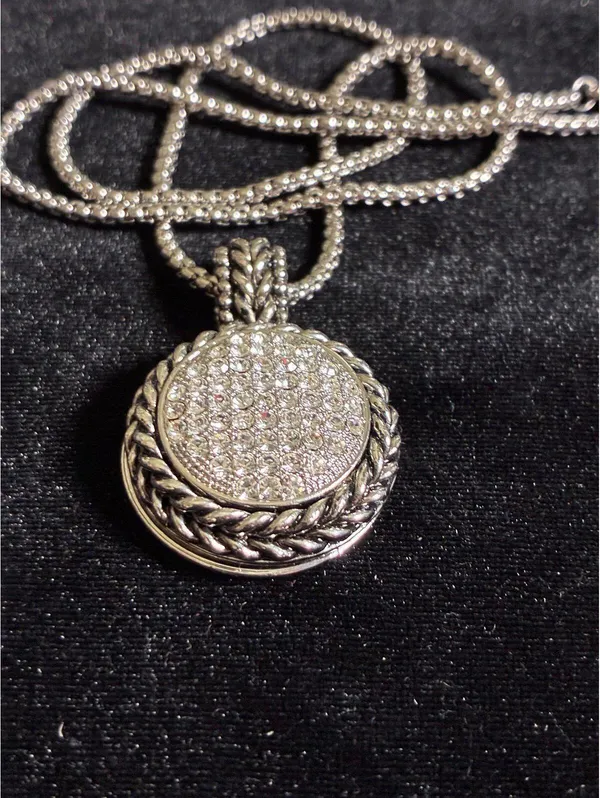 Silver-Tone Pavé Rhinestone Disc Pendant Necklace with Braided Chain - Image 3