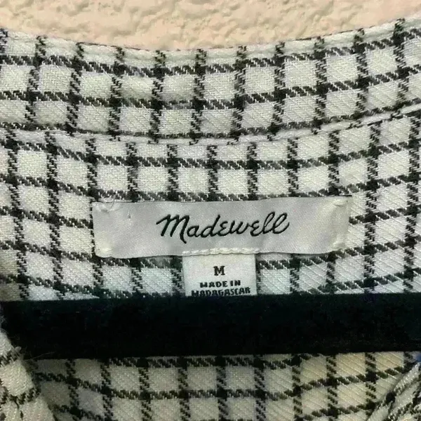 Madewell White with black window pane plaid sz M bell sleeves button down academia preppy - Image 2