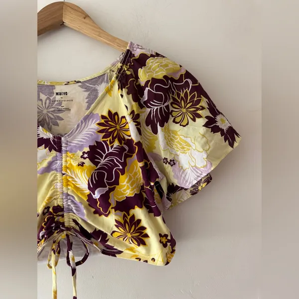 Anthropologie Maeve Cinched Yellow Floral Flutter Sleeve Tie Top‎ Blouse - Image 5