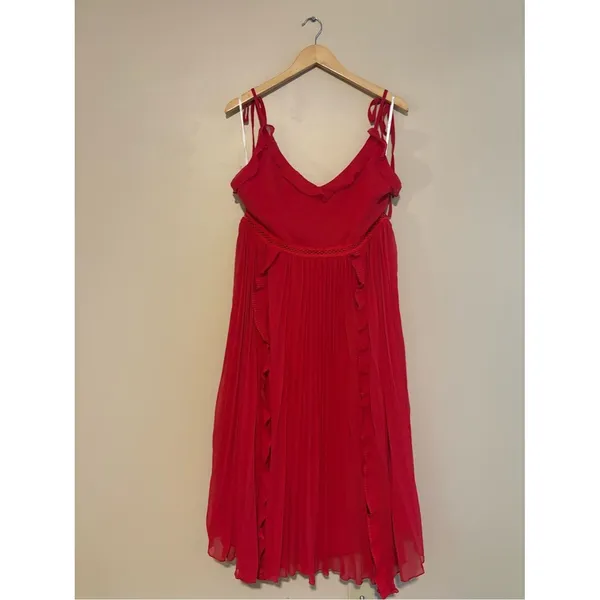 Lulus Never a Dull Moment Bright Red Tie-Strap Pleated Midi Dress Size XL Party - Image 4