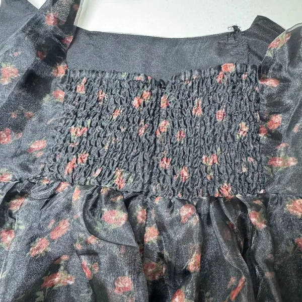 NWT Whimsigoth Floral Organza Midi Dress Black Rose Tie Shoulder‎ Smocked XS - Image 11