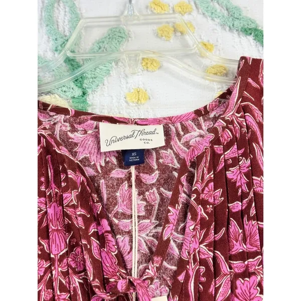 Universal Thread Womens Floral Pintuck Balloon Sleeve Mini Dress Burgundy XS‎ - Image 4