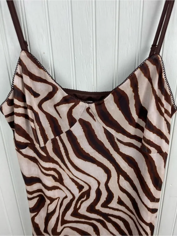 NEW Camila Coelho Brown Zebra Print Slip Maxi Dress Size Large Mesh Y2K Revolve - Image 5