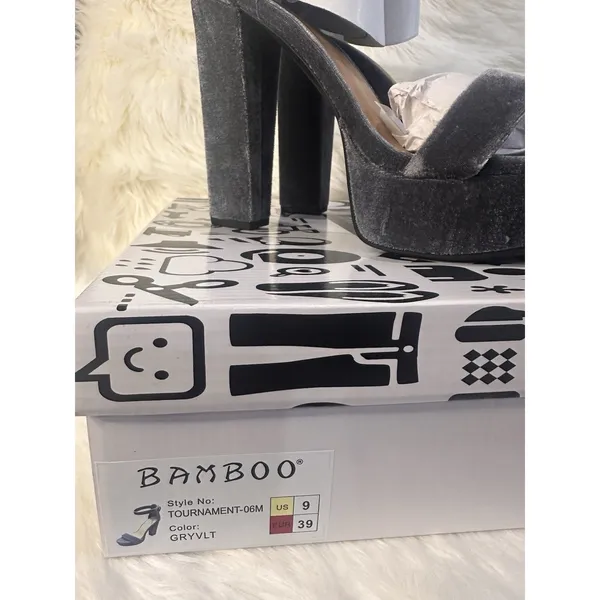 New: Bamboo Velvet Gray Ankle Strap Platform High‎ Heels Y2K Chunky Heels - Image 2