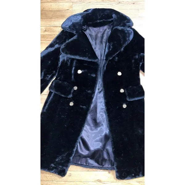 Vintage Faux Women Fur Coat Double Breasted Gold Clover Buttons Long Length M-L - Image 2