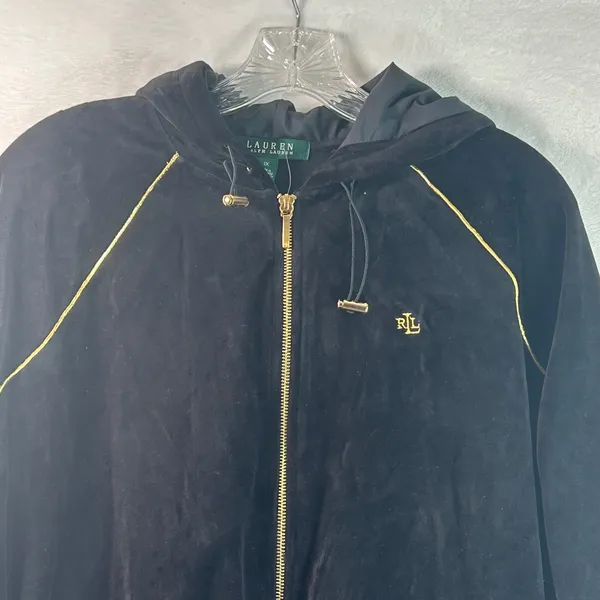 Lauren Ralph Lauren Black Velour Gold Piping Zip Up Hoodie Jacket 1X - Image 3