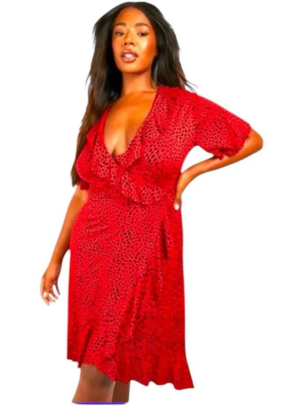 Boohoo Red Asymmetrical Ruffled faux Wrap Dress - Image 4
