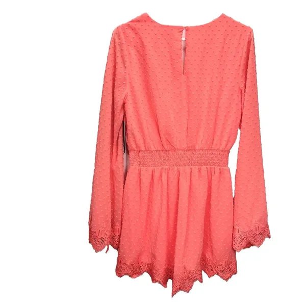 NWT Lulus Meadowlake Coral‎ Orange Swiss Dot Lace Bell Sleeve Romper Size SMALL - Image 6