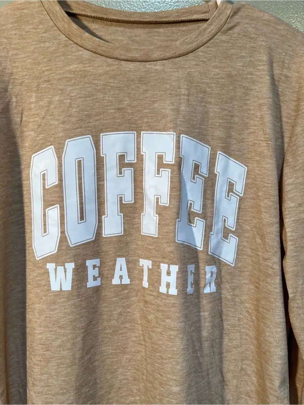 Women’s Size Small Long Sleeve T-Shirt Beige Tan White Coffee Weather Crewneck - Image 4