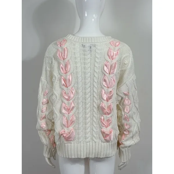 Women’s Ivory Chunky Cable Knit Sweater Pink Ribbon Bow Oversized Himekaji L - Image 2