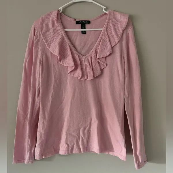Lauren Ralph Lauren Pink Ruffle Collar Blouse Top Size Medium Preppy Workwear - Image 10