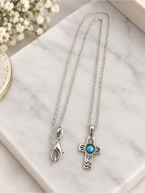 Southwestern Turquoise Cross Sterling Silver Sand Cast New Sterling Plate Chain - Image 2