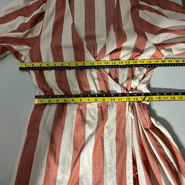 Knox Rose Wrap Dress L Maxi V-Neck Striped Cream‎ Brick Tiered Short Puff Sleeve - Image 2