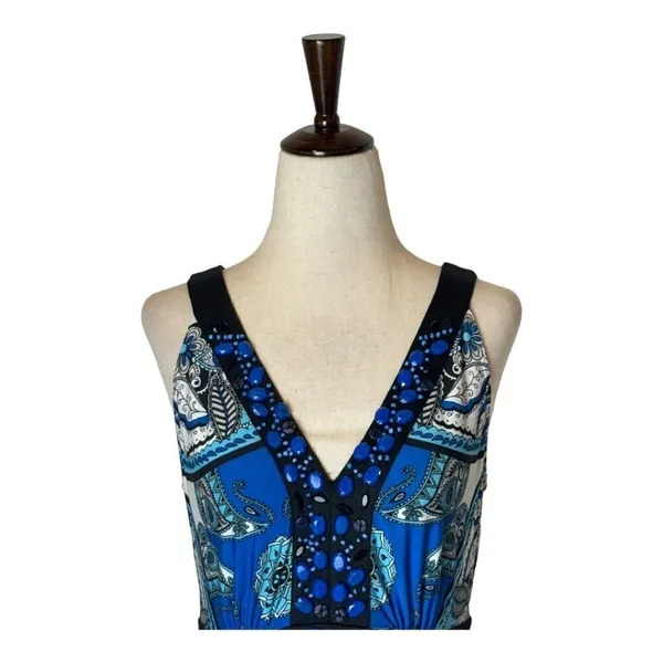 Eci New York Dress Womens 6 Blue And Black Paisley‎ Beaded V Neck Tie Back Maxi - Image 3