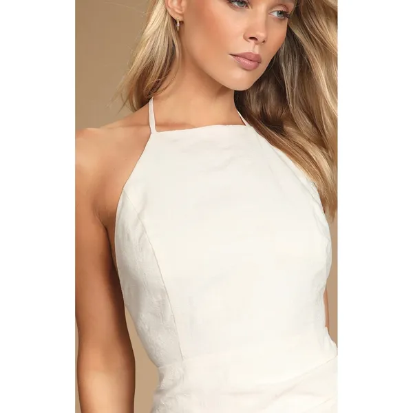 Lulus Fair Skies White Jacquard Cotton Linen Tie-Back Halter Tulip Mini Dress - Image 3