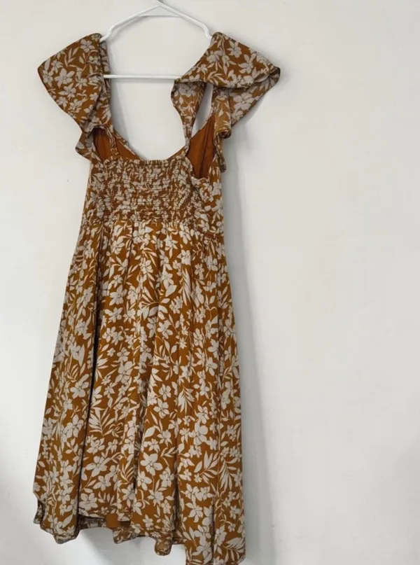 Old Navy Women's Mustard Yellow Floral Print Smocked Ruffle Strap Mini Dress - Image 2