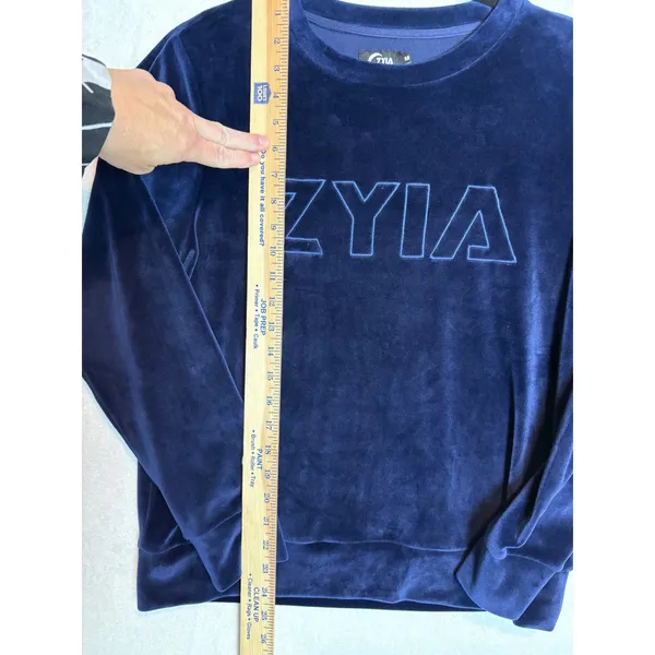 Zyia Active Navy Blue Velour Crewneck Sweatshirt Embossed Logo Size Medium - Image 4