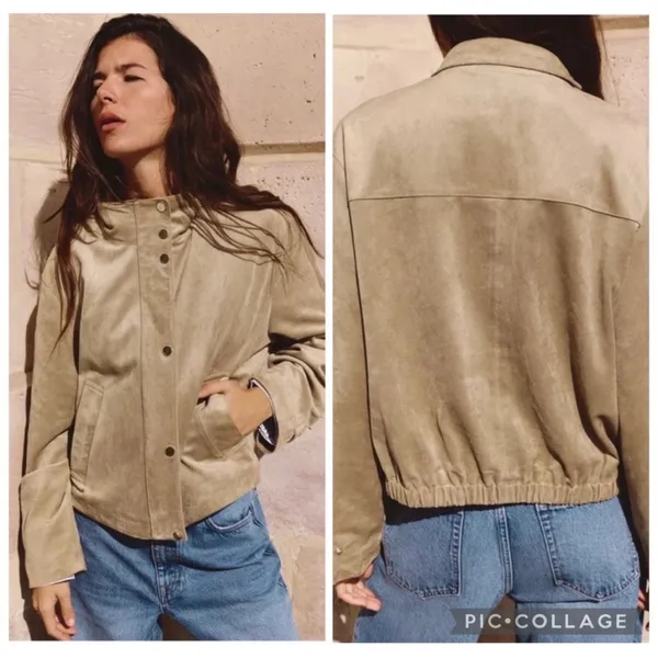 Zara Faux Suede Bomber Jacket Women Large Tan Minimalist Elastic Hem Snap Front - Image 2