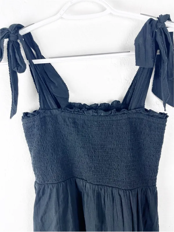 AERIE Black Smocked Bodice Tie Shoulder Straps Ruffle Trim Dress Size XS Casual - Image 6
