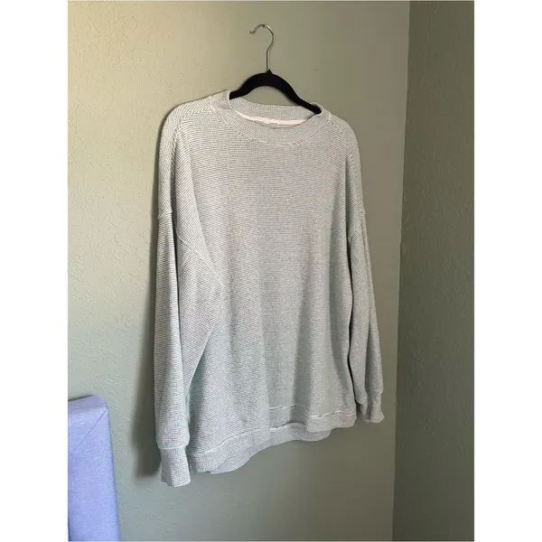 Aerie Waffle Soft Oversized Pullover Sweater Size Small Green White Thermal - Image 5