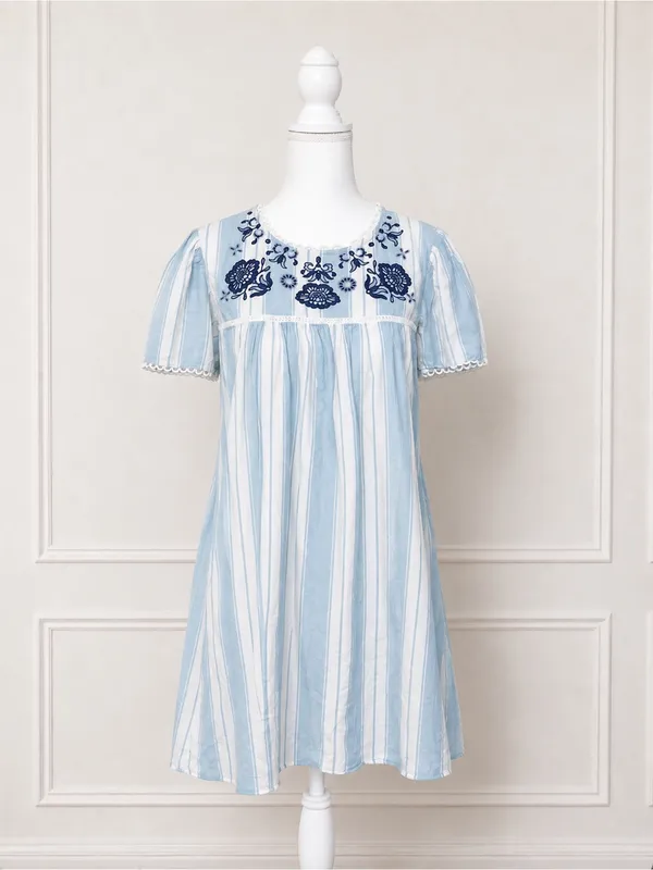 Altar'd State Light Blue & White Striped Embroidered Mini Dress 100% Cotton NWOT - Image 2