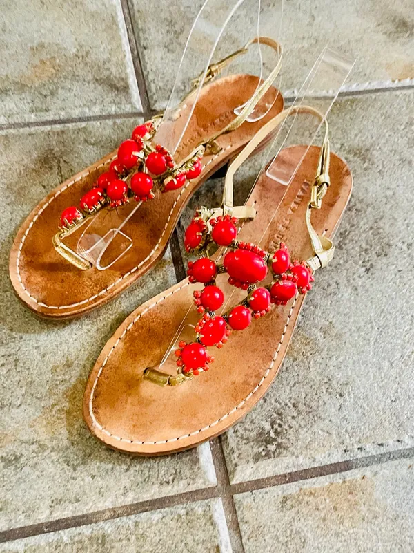 Ivanka Trump Coral Bead Embellished Gold Strap Flat Sandals Sz 8.5 - Image 2