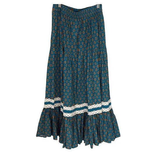Luna Moon Tiered Maxi Skirt Teal Orange Floral Lace Trim Boho Festival‎ Medium - Image 5