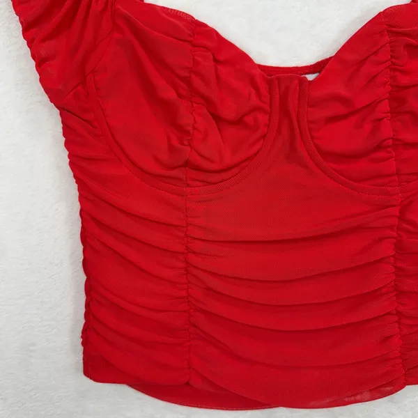 Just Polly Size S Red Corset Top Ruched Mesh Sweetheart Cap Sleeve Cropped - Image 4