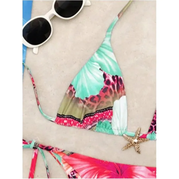 2 Piece Leopard Floral Bikini Swimsuit Halter Triangle String Bathing Suit SMALL Pink - Image 2