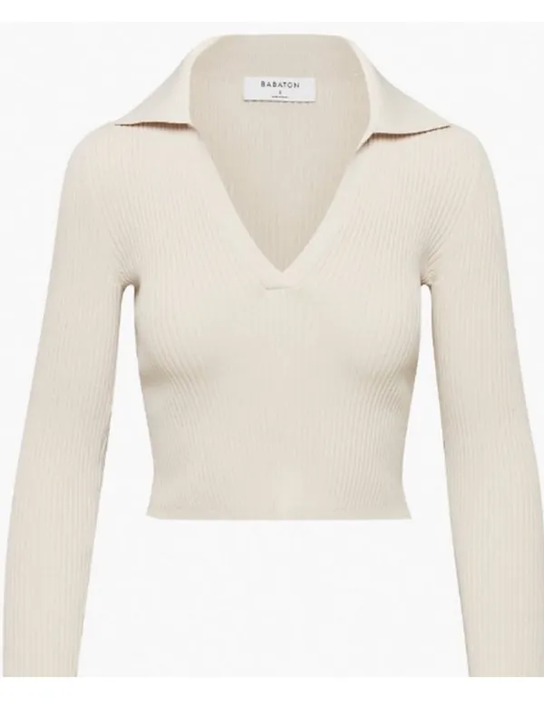 Aritzia Babaton Sculpt Knit Long Sleeve Polo Beige Taupe S - Image 3
