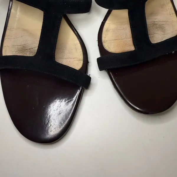 Jimmy Choo Wedge Sandals Black Suede and Chocolate Brown Patent Leather EU 39 - Image 3