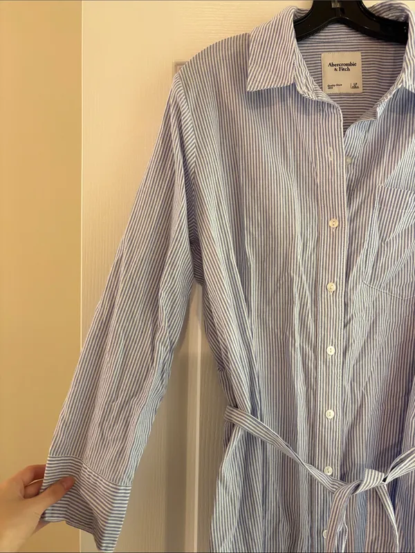 Abercrombie & Fitch Long Sleeve Belted Shirt Dress Blue Stripe Size Large Petite - Image 4