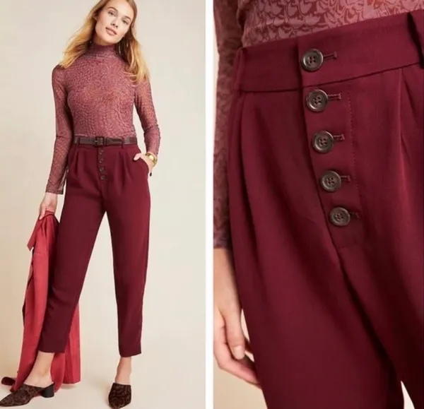 Anthropologie Sasha Button-Fly High Rise Tapered Burgundy Career Chic Trouser 2 - Image 2