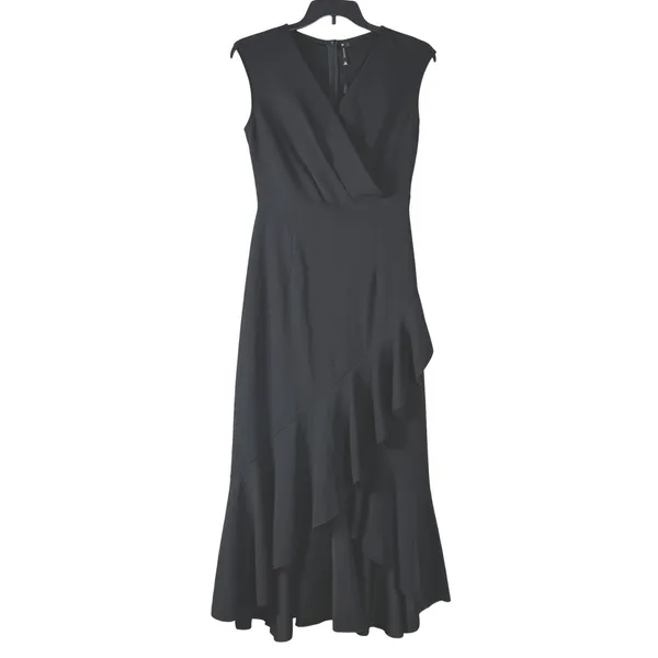 Black Sleeveless Wrap Midi‎ Dress Ruffle Hem Size L Feminine Party Formal Chic - Image 3